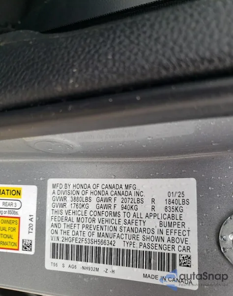 2025 Honda Civic Sport z USA, uszkodzony, nr VIN 2HGFE2F53SH566342